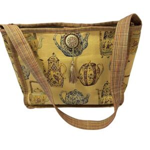 Handmade Vintage Tapestry Tote Bag Teapot Motif Fabric Gold Purse w Tassel